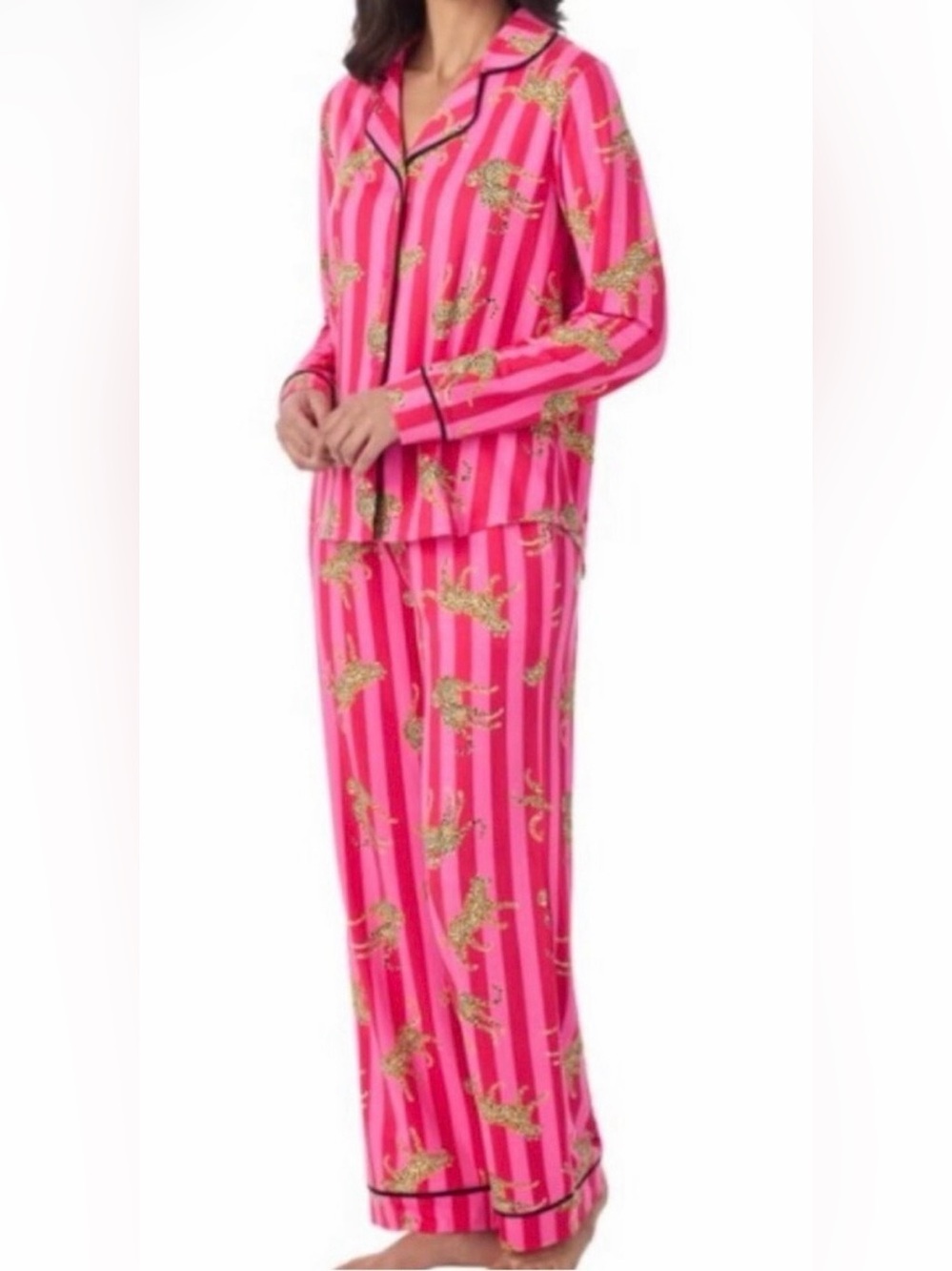 Room Service Women's Hot Pink Stripe Leopard Pajama Set Medium Maximalist Quirky
